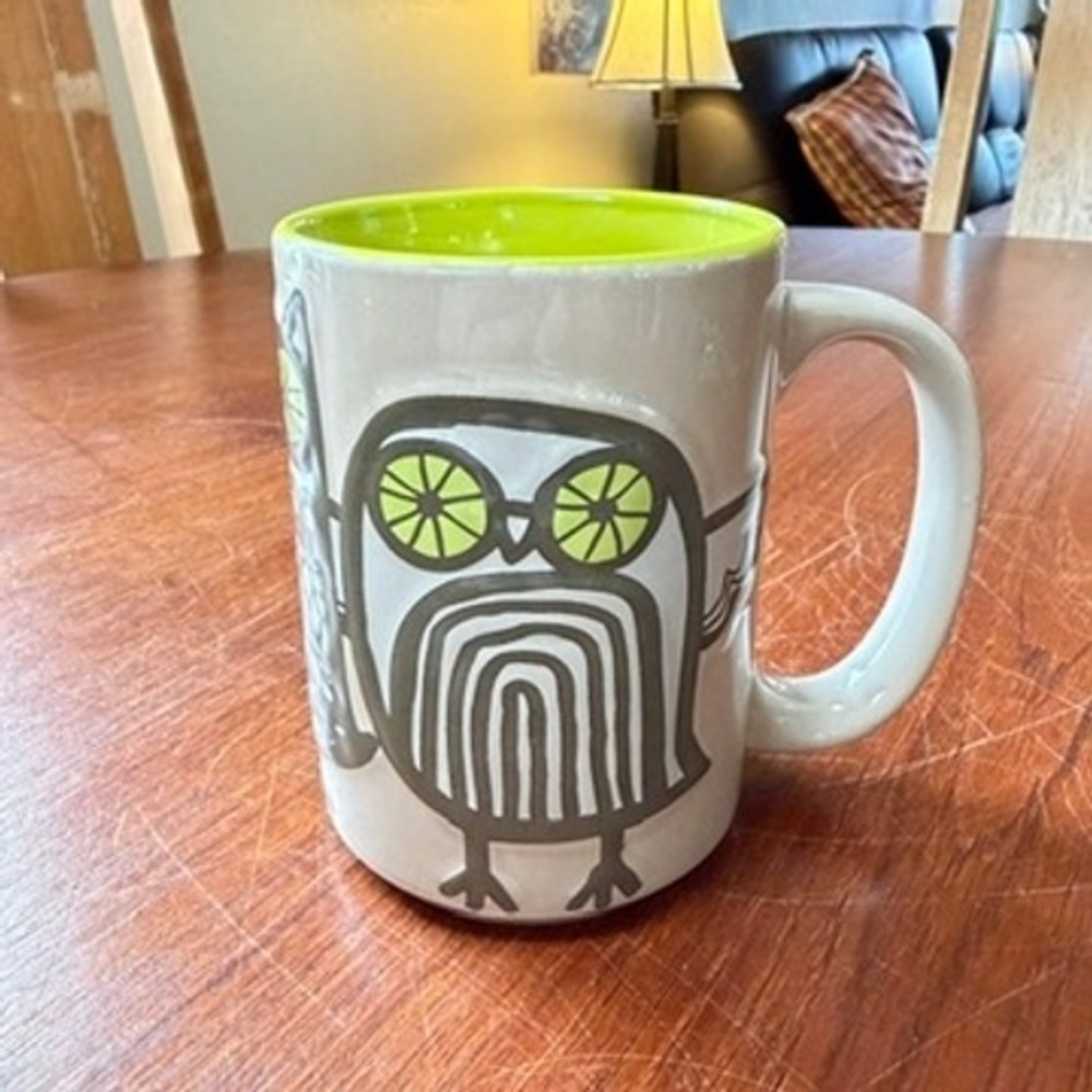 Kitsch'n Glam Owl Coffee Mug Gray Lime Embossed Ceramic Tea Cup Boho Whimsical